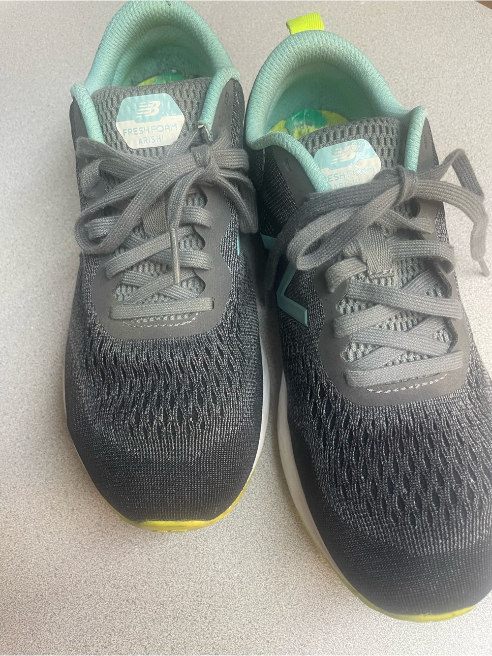 New Balance Women’s Gray Sneakers with Mint Lining and Yellow Accents